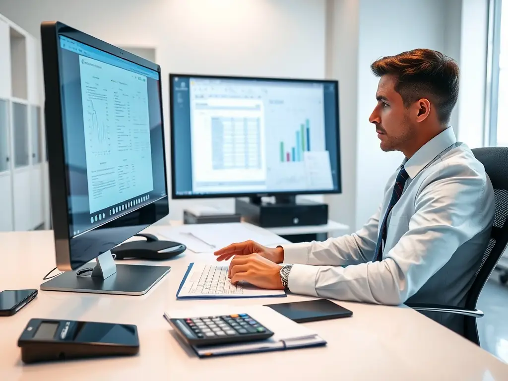 A professional accountant working on a computer with financial spreadsheets displayed, representing AHA Accountancy's bookkeeping services.