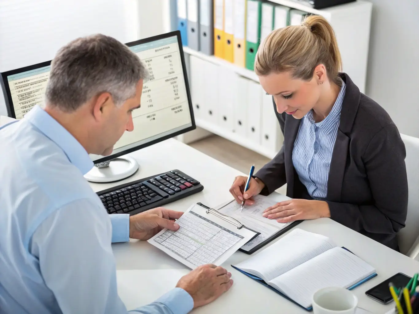 An accountant reviewing financial documents with a client, with tax forms and calculator on the desk, symbolizing AHA Accountancy's tax preparation expertise.